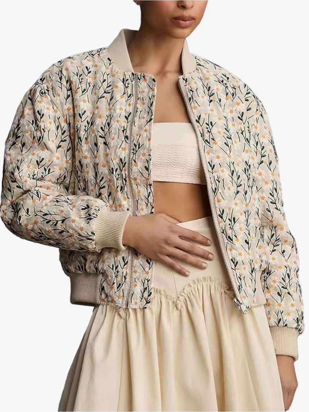 Cream Floral Quilted Bomber Jacket